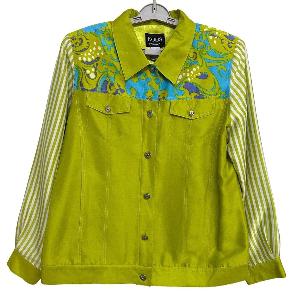Koos of Course Silk‎ Jacket Womens L Lime Green Mixed Print Psychedelic NWT
